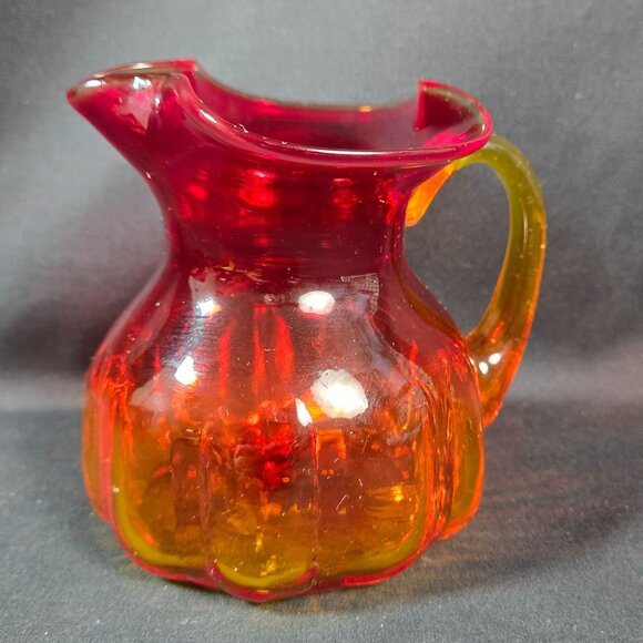 Small Amberina Art Glass Pitcher Red Orange Hand Blown Ribbed 5" Vintage Decor - Picture 1 of 10